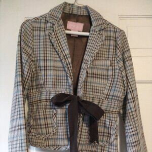 Wool Blend Cropped Plaid Jacket with Fabric Bow- Size M
